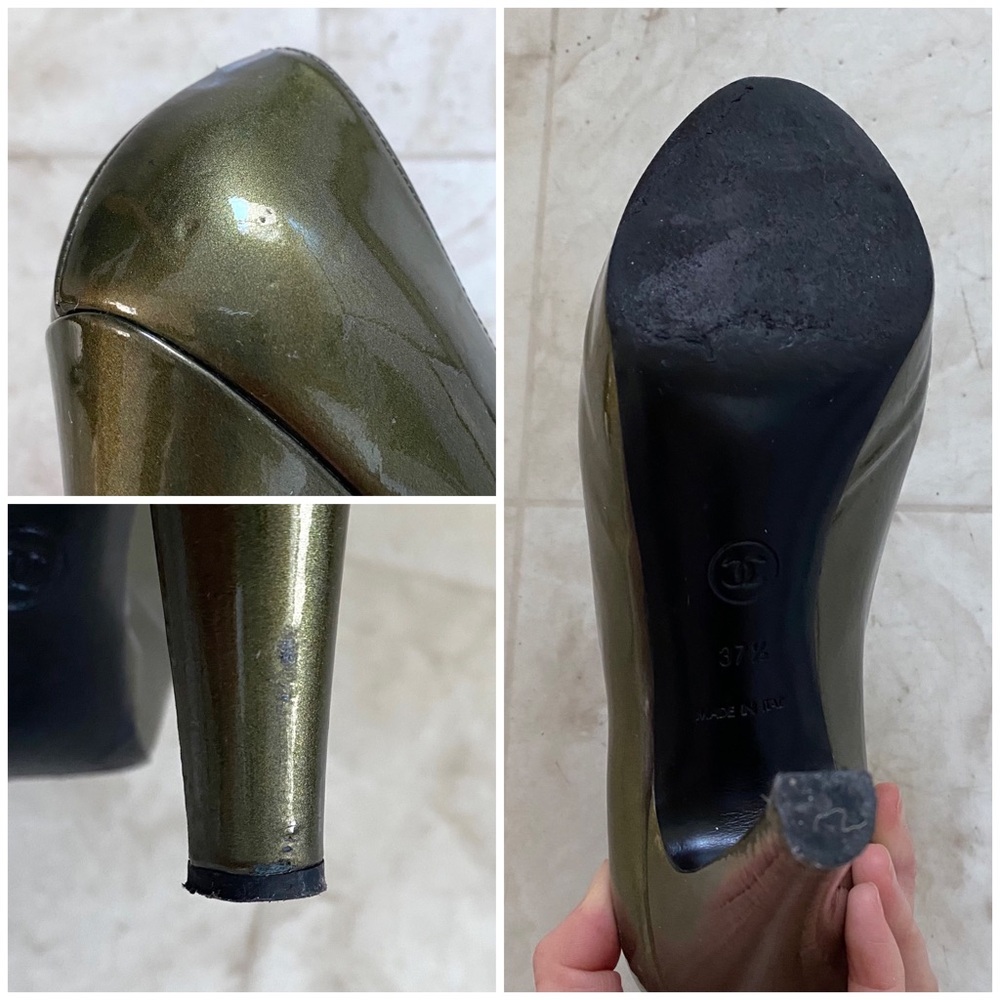 Chanel Made in Italy Interlocking CC Logo Green Patent Leather Pumps Heels 7.5 - Picture 12 of 12